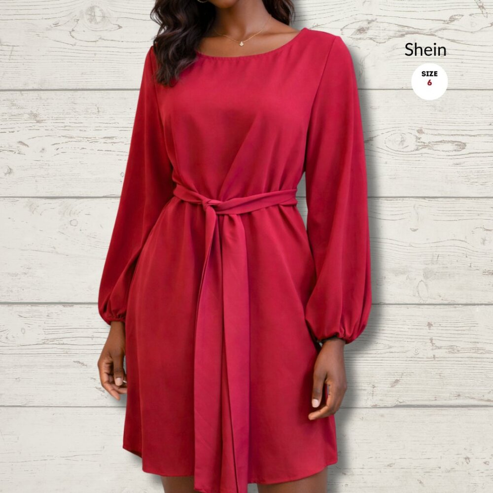SHEIN Red Long Sleeve Dress | Belted | Size 6 | Flowy & Elegant